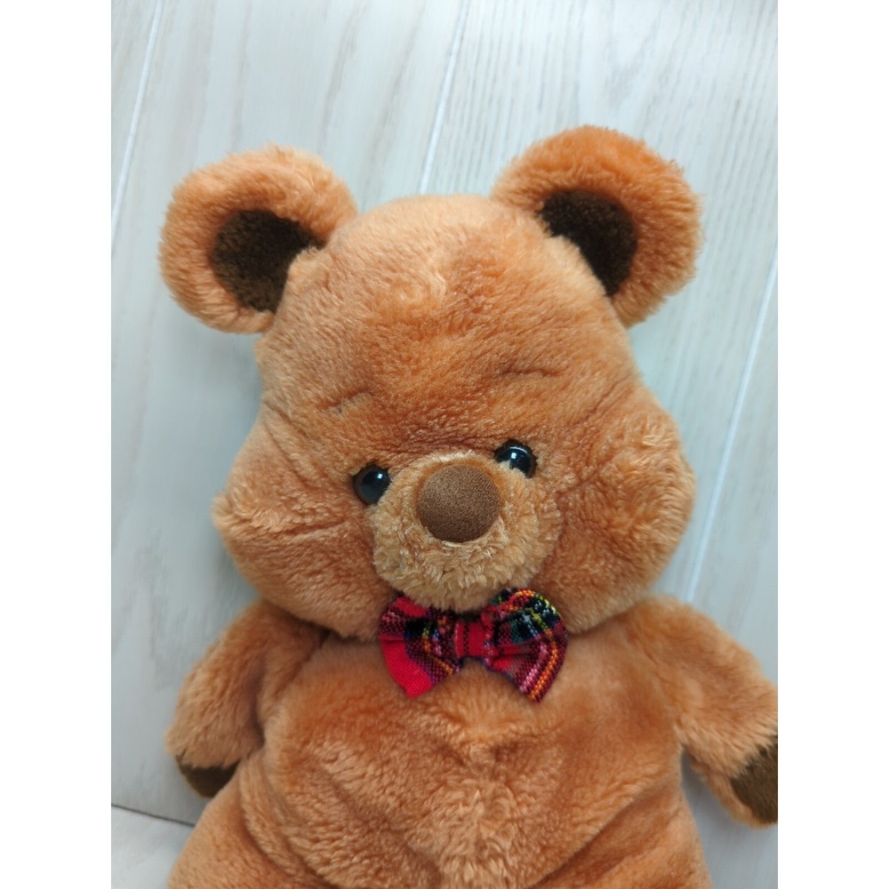 Orange rust vintage plush teddy bear red plaid bow brown nose hands feet ears